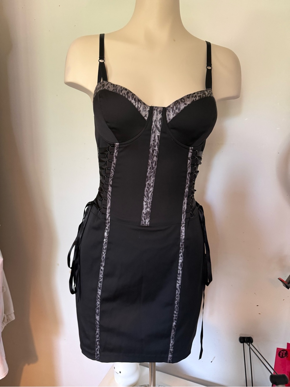 Guess by Marciano Black Slip Dress with Gray Lace Trim